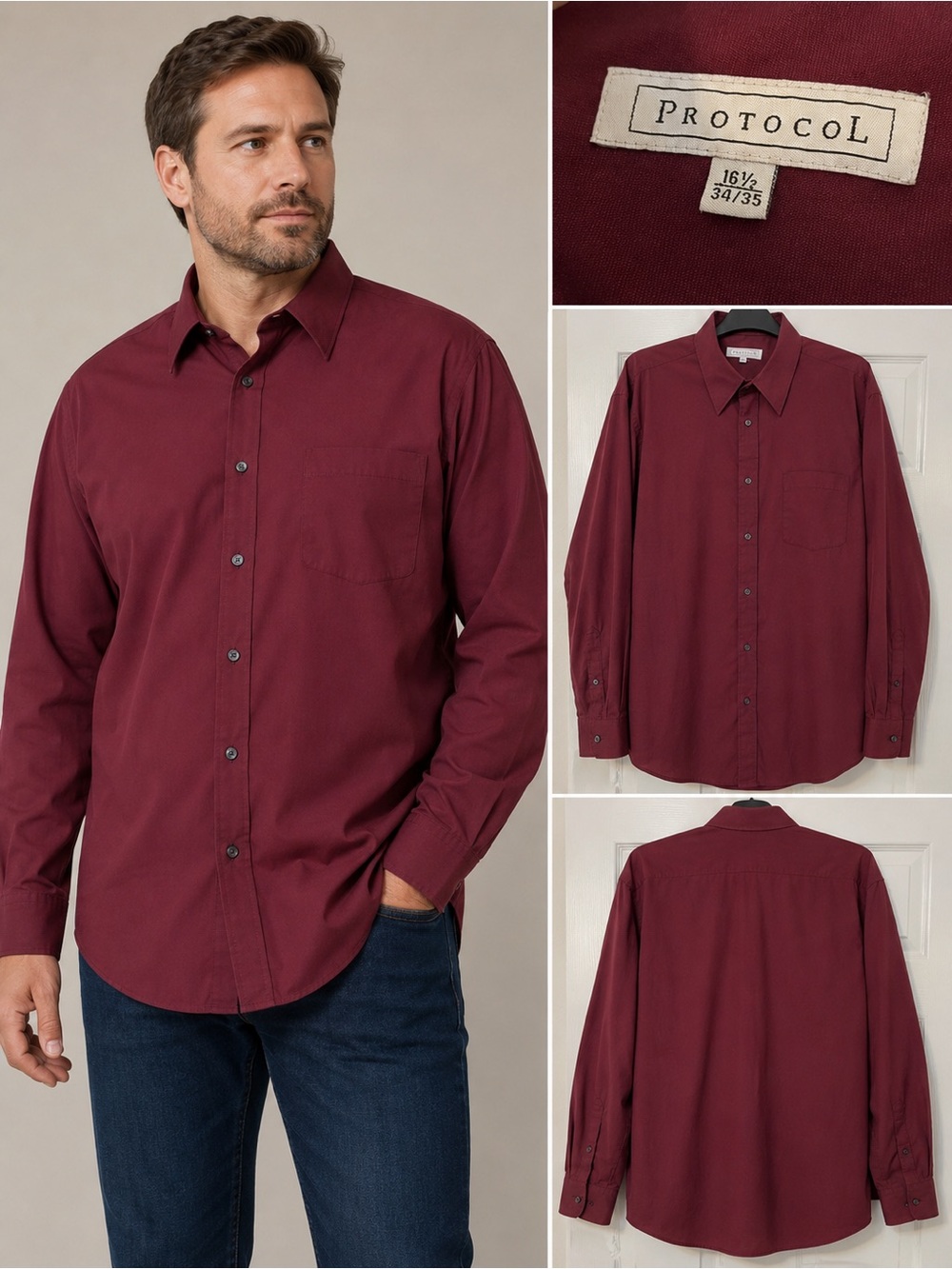 Men’s Protocol Burgundy/Maroon Button-Up long sleeve shirt 16-1/6 34/35